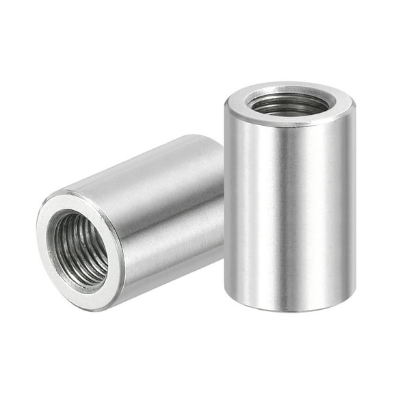 Uxcell M10x1mm Pitch 304 Stainless Steel Round Coupling Nuts, 2 Pcs 25mm / 0.98" Length Metric Fine Thread Connector Sleeve Rod Bar Stud Fully Threaded Nut Fasteners, Silver Tone