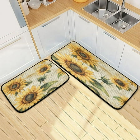 

Kitchen Rug Set 2 Pieces Non Slip Kitchen Mat for Kitchen Home Floor Sink 47 x19 +27 x19 Vintage Sunflowers