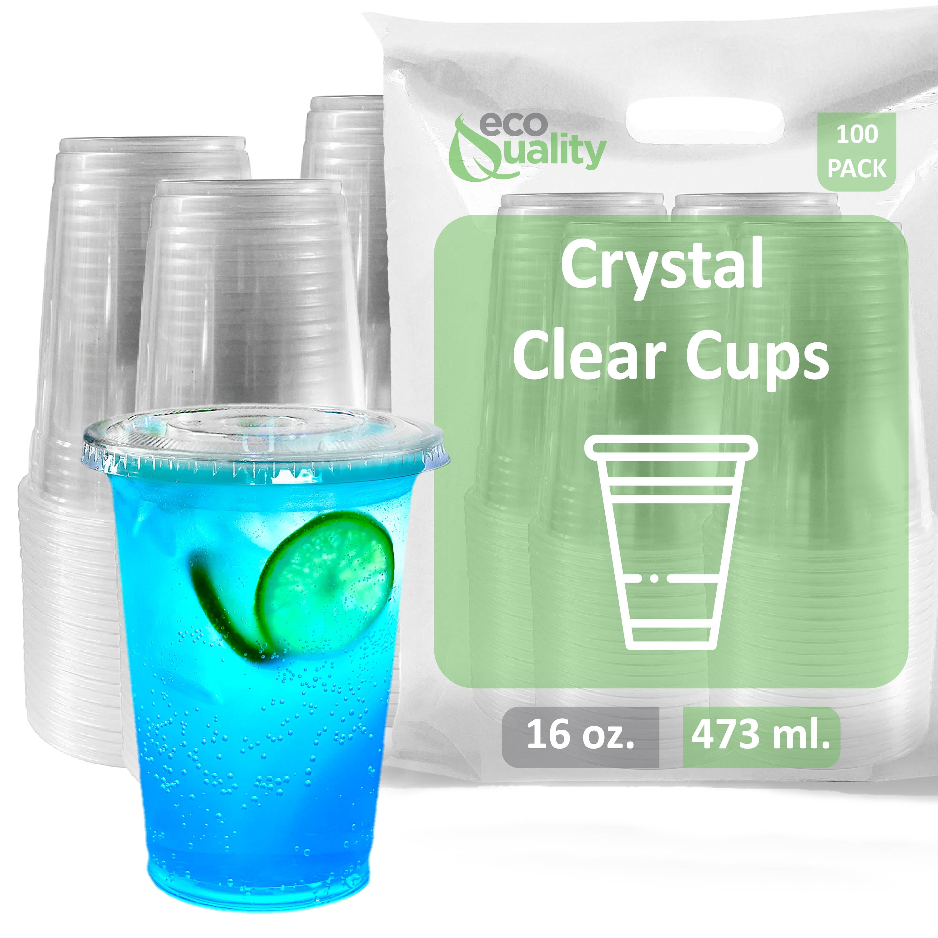 [100 Count] 16 oz Clear Plastic Disposable PET Cups with Lids Crystal