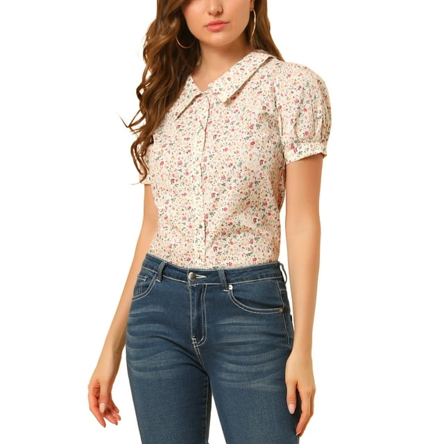 INSPIRE CHIC Blouse Boutonnée pour Femme à Manches Courtes Bouffantes Col Rabattu Haut en Coton à Motif Floral L Blanc