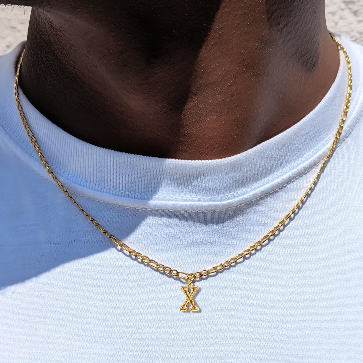FOCALOOK Initial X Necklaces for Women Men Gold Plated Figaro Chain 16 Inches Capital Letter Pendant Jewelry Gift for Grandmother Birthday Valentines Day Christmas