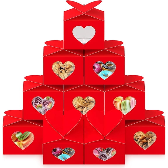 15 Pcs Heart Gift Boxes with Display Window 5 x 5 x 3.5 Inch Cake Gift Bags with Stickers for Cookie Chocolate Candy Party Favor Wedding Decorations
