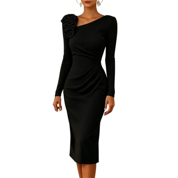Quixlent Women's Cocktail Party Bodycon Midi Dress, Long Sleeve 3D Flower Ruched Dress, Formal Wedding Guest Evening Gown