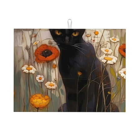 

Coaee Black Cat in Wildflowers for Kitchen Drying Mat Dish Drying Mats for Kitchen Counter Foldable Water-Absorbent Suitable for Draining Racks
