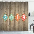thumbnail image 1 of Happy New Year Shower Curtain, Square Frames with Numerals Hanging on Old Wooden Wall Christmas Concept, Fabric Bathroom Set with Hooks, 69W X 70L Inches, Multicolor, by Ambesonne, 1 of 3