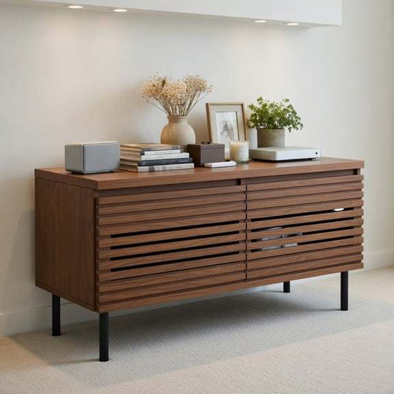 Resenkos Mid Century Fluted TV Stand for 40 Inch TV, Media Console with Hidden Compartments Metal Legs for Bedroom, Walnut