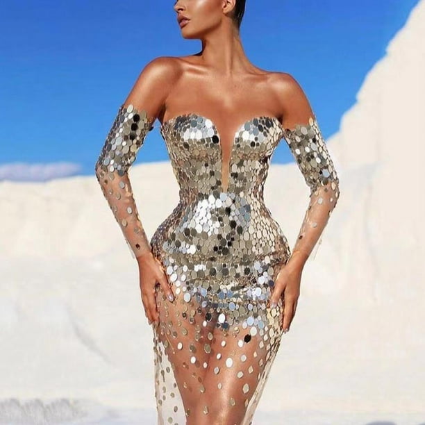 Cutubly Sparkly Vestidos Clothing Robe Skirts Women s Dress Sequins One Shoulder Sexy Mesh Tassel Gold Long Evening Dresses NewM Gao Jinjia LED Bodega Aurrera en linea