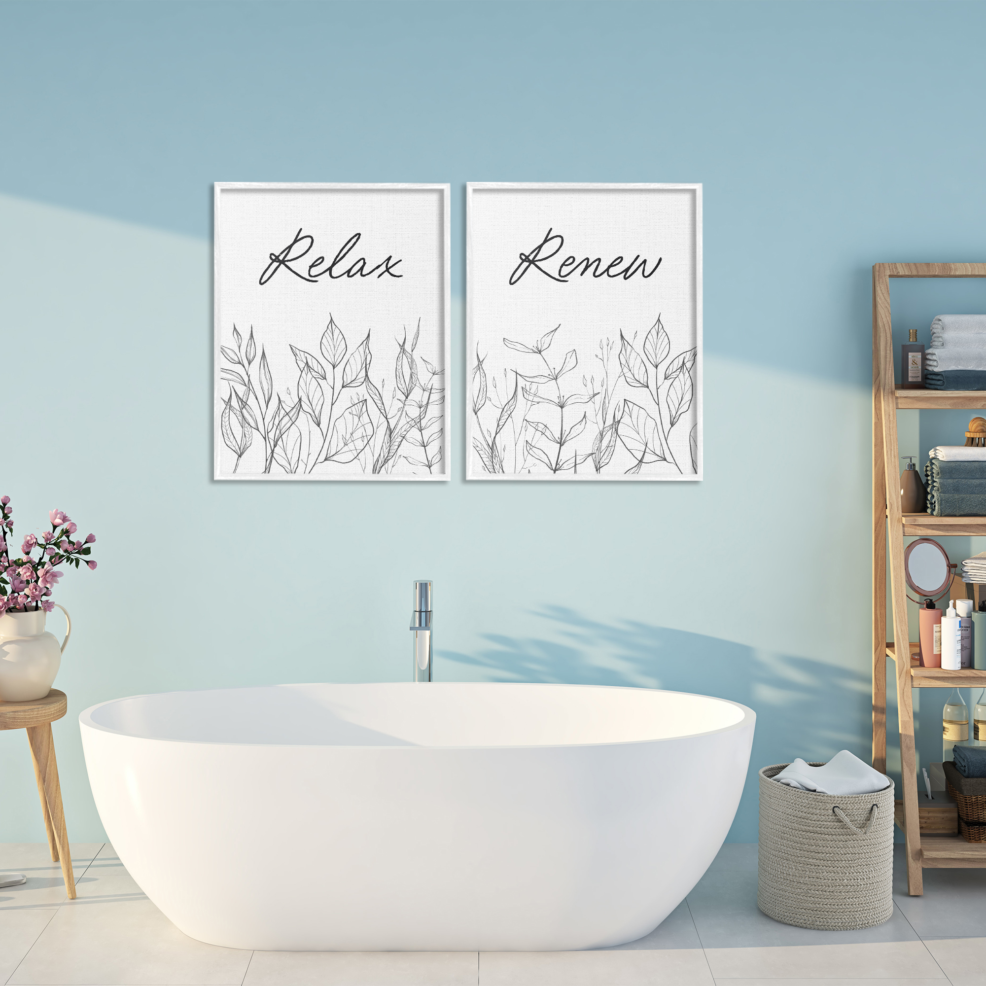 Relax and Renew Leaf Outlines 2 Piece White Framed Giclee Art Set, design by Lettered and Lined