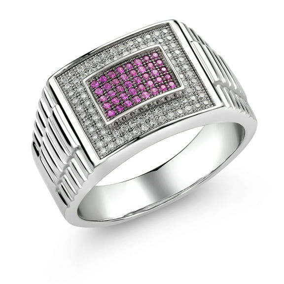 Gem Stone King Red Created Ruby and White Moissanite Ring for Men | 925 Sterling Silver | 0.68 Cttw | Available in Size 7, 8, 9, 10, 11, 12, 13 | Size 12