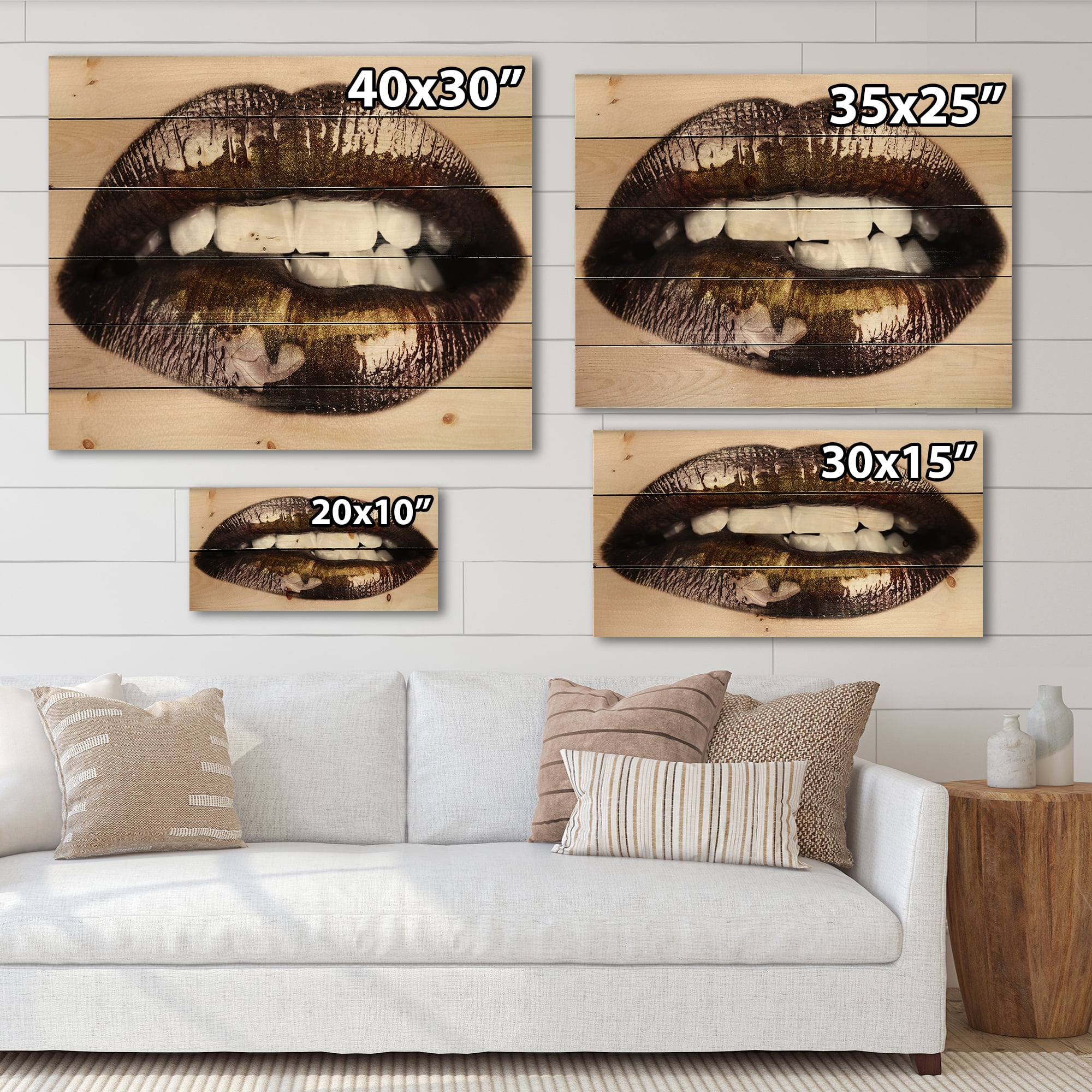 Designart 'Gold Black Lips Biting' Modern Print on Natural Pine Wood