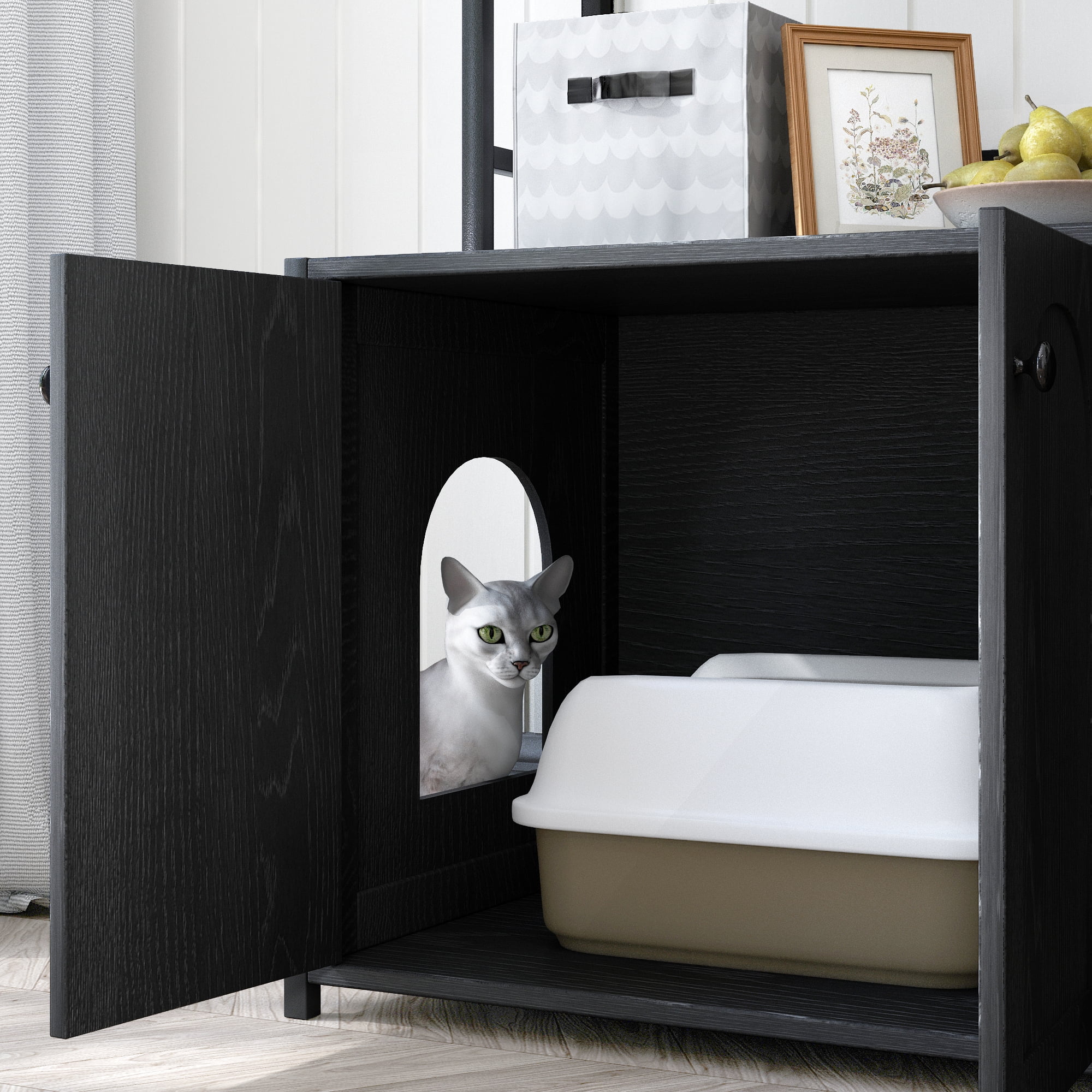 Pefilos 52" Large Wood Cat Litter Box Enclosure, Hidden Cat House Washroom Furniture with Shelf Storage Rack, Scratch Pad, Black Pefilos 52" Large Wood Cat Litter Box Enclosure, Hidden Cat House Washroom Furniture with Shelf Storage Rack, Scratch Pad, Black