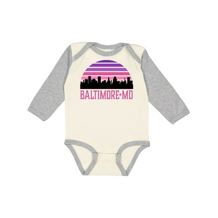 

Inktastic Baltimore Maryland Gifts Retro Sunset Skyline Gift Baby Girl Long Sleeve Bodysuit
