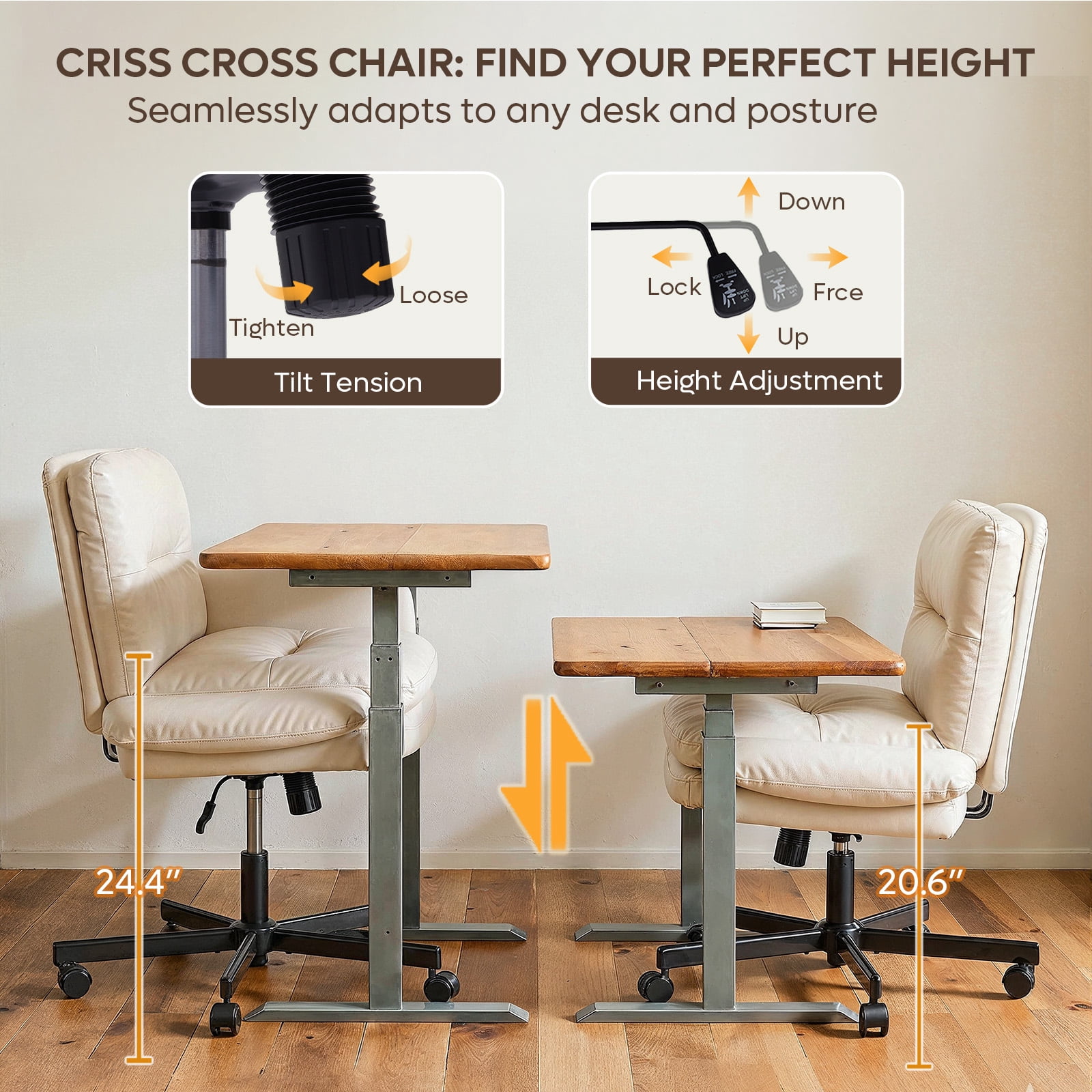 Bestier Office Chair Criss Cross Chair with Flip-Up Arms, Adjustable Height, Comfy Computer Chair, Vanity Chair with Side Pockets, Beige,PU Leather