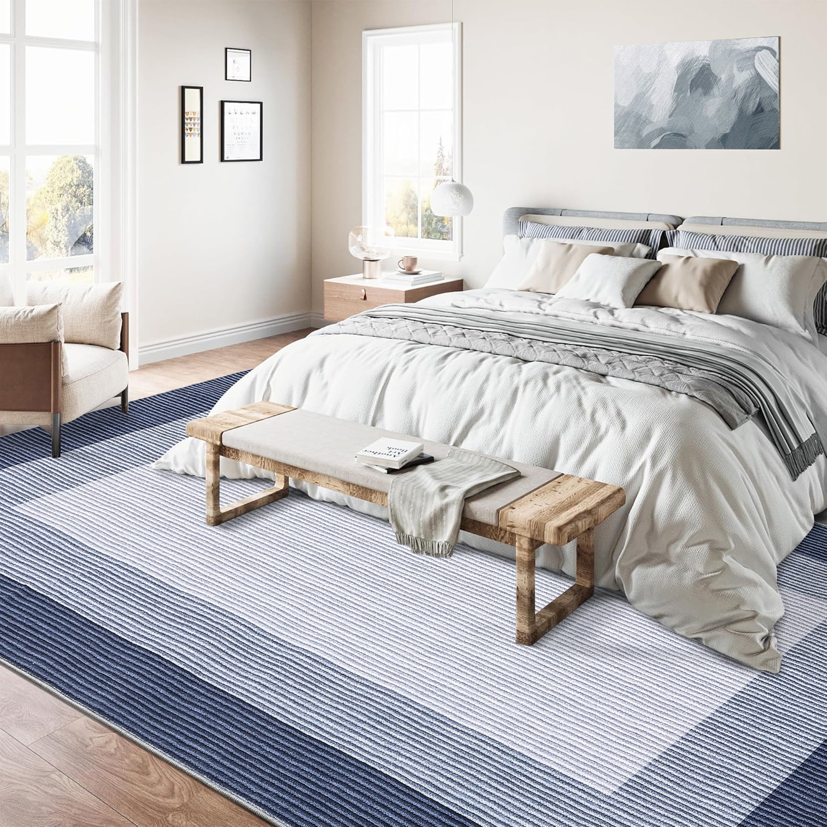 Haperlare Machine Washable Soft Area Rugs Modern Bordered Rugs for Living Room Bedroom Blue Indoor Floor Carpet,8'x10'