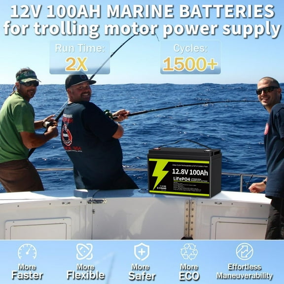 12V 100Ah LiFePO4 Lithium Battery - IP65 Waterproof, 15000 Cycles, Built-in BMS, for RV, Marine, Solar & Outdoor Use