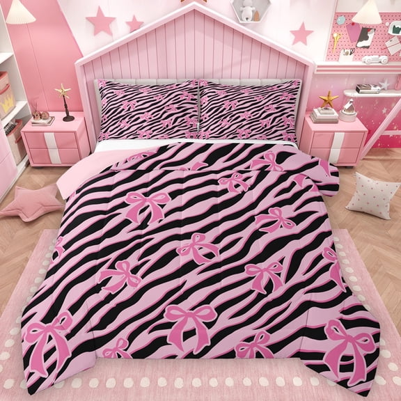 Homewish Animal Zebra Print 2pcs Bedding Comforter Set For Children Teens Adults,Cartoon Bow Knot Twin Comforter Sets,Dreamy Princess Breathable Bedding Set,Ultra Soft Home Decor,Reversible