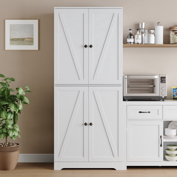 YouTrend 72'' Farmhouse Kitchen Pantry Cabinet with 4 Barn Doors,Storage Cabinet W/ 4 Shelves for Living Room,Kitchen,Bathroom,Office,White