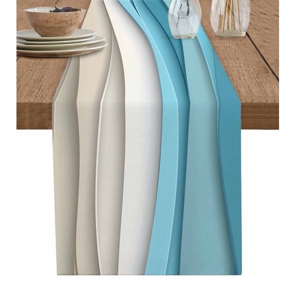 Hokiten Table Runners 90 Inches Long Dress Scarves, Aqua Beige Ombre Farmhouse Coffee/Dining/Kitchen Table Runner for Living Room, Modern Abstract Moire Art Geometric 13x90 Inch