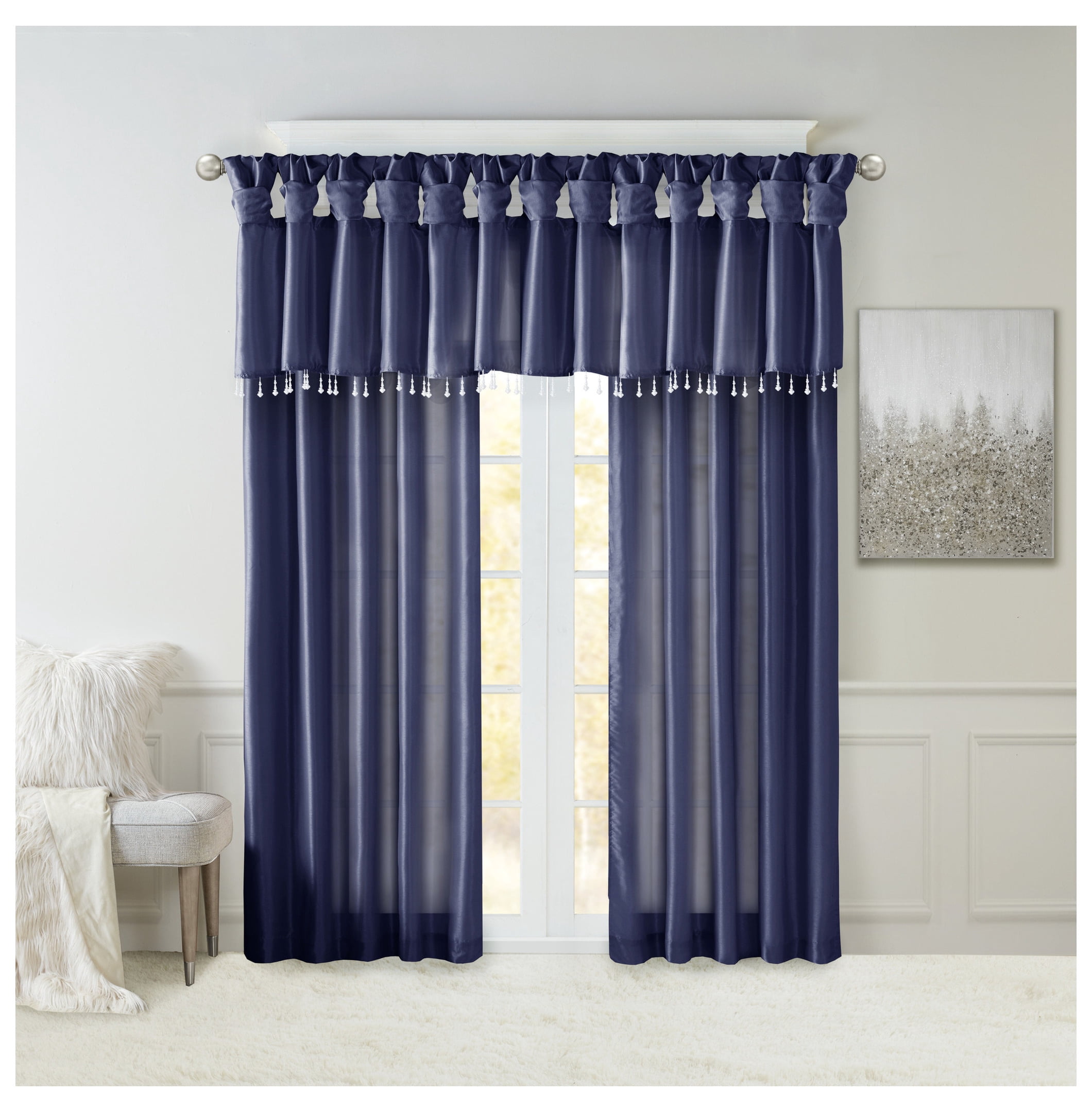 Lightweight Faux Silk Valance With Beads Navy 50x26"