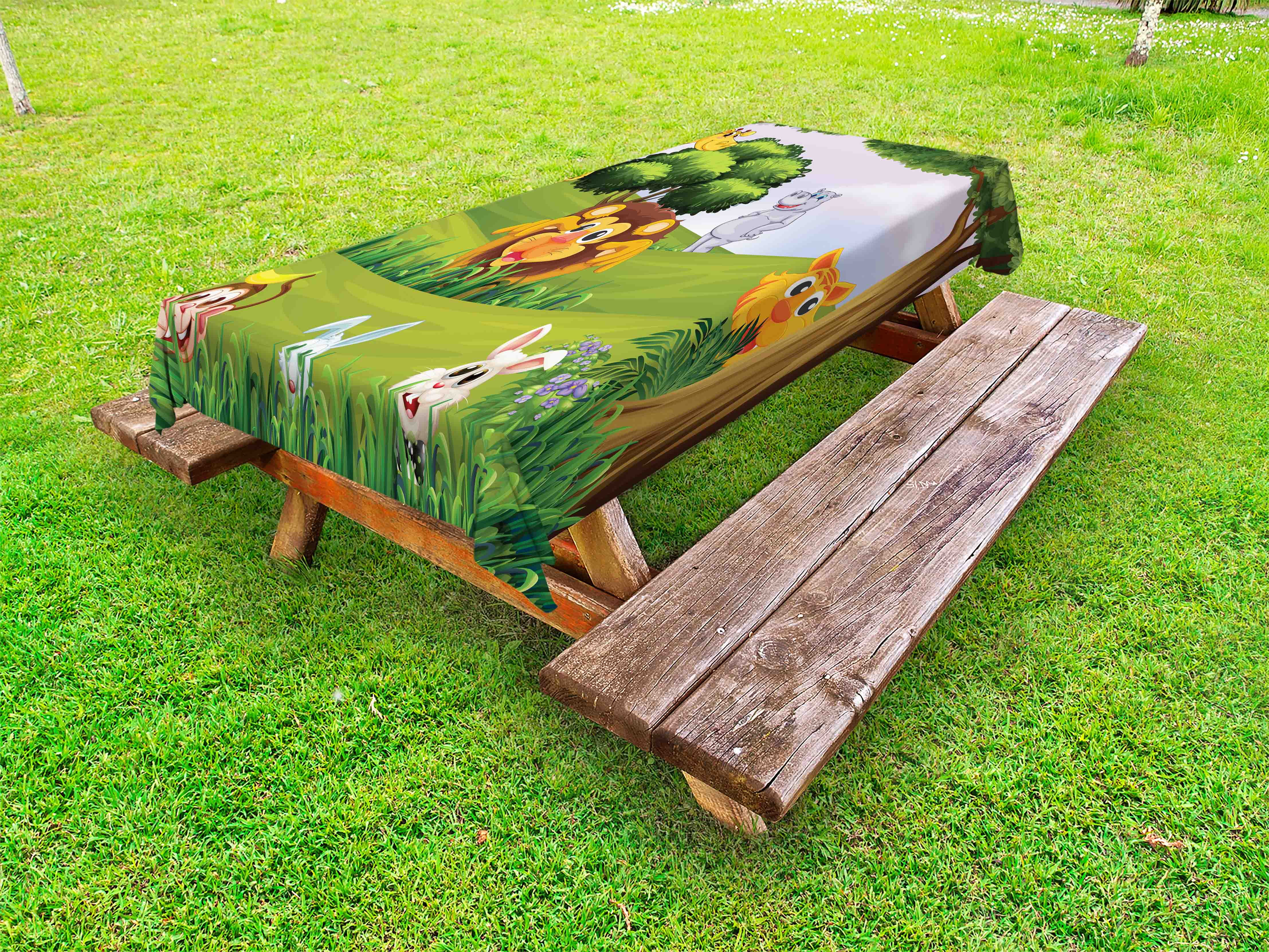 Zoo Outdoor Tablecloth, Animals in the Forest Cartoon Illustration