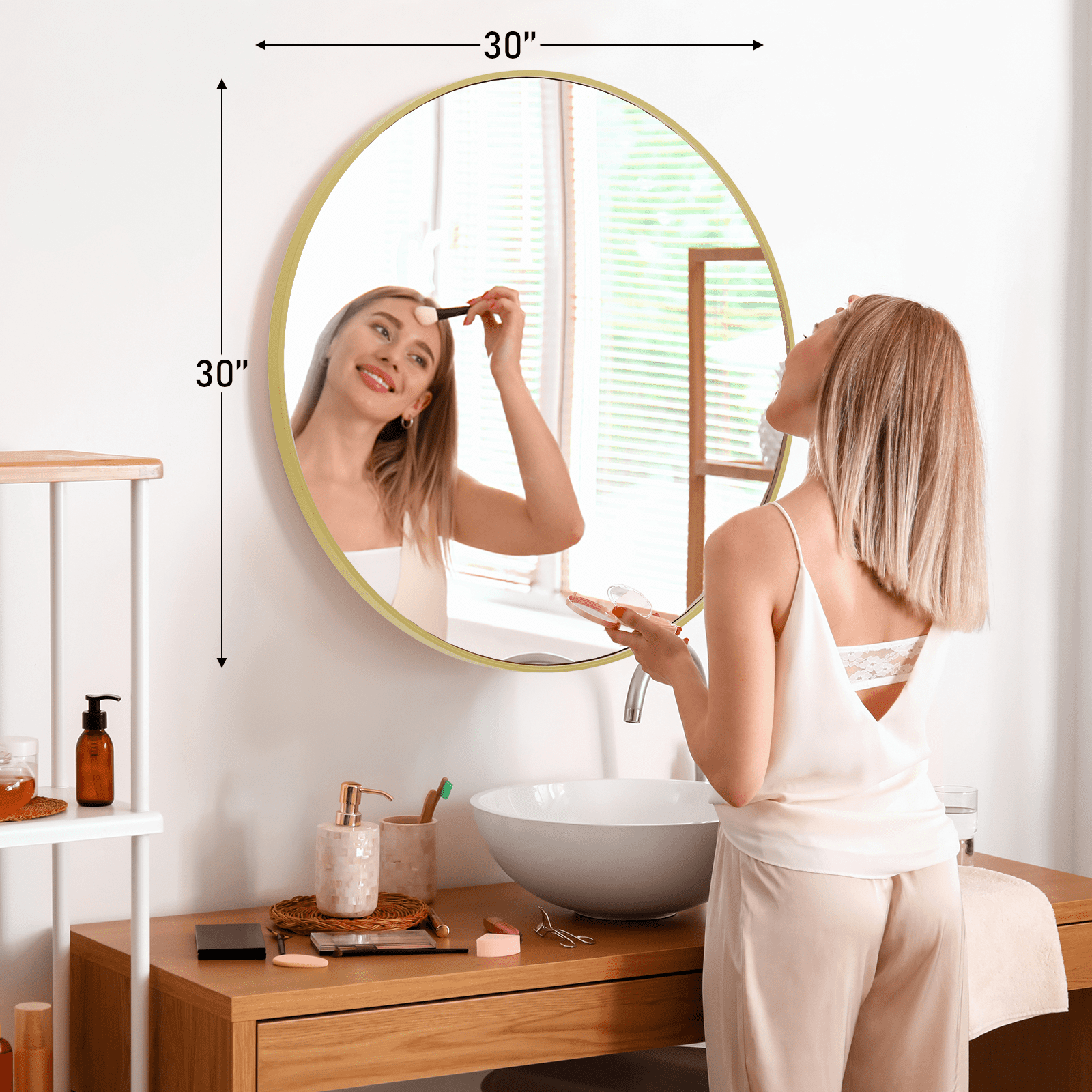 MAYEERTY 30" Round Wall Mirror - Aluminum Frame, Suitable for Vanity, Bathroom & Living Room, Gold