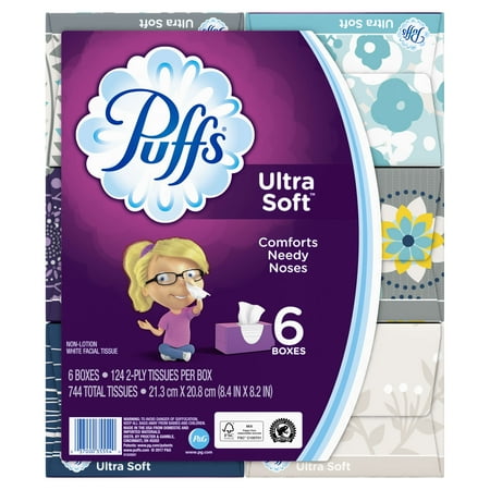 Puffs Ultra Soft Facial Tissues, 6 Family Boxes, 124 Tissues per Cube