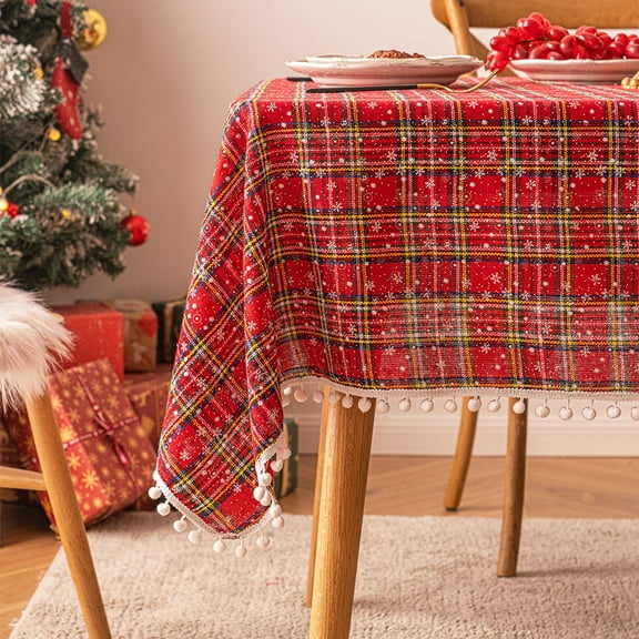 XmhyTop Transform Your Holiday Table with Our Christmas Plaid Tablecloth – Perfect Rectangle Table Cover for Christmas Party Decoration-Red and yellow grid small snowflake ball-SIZE A:23*23inch