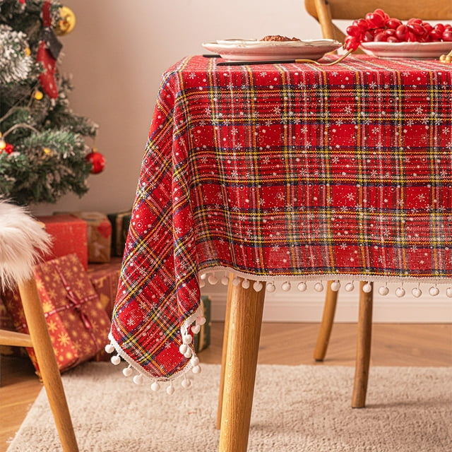 Nvzi Christmas Plaid Tablecloth Rectangle Table Cover for Farmhouse Christmas Party Decoration-Red and yellow grid small snowflake ball-SIZE H:55*102inch