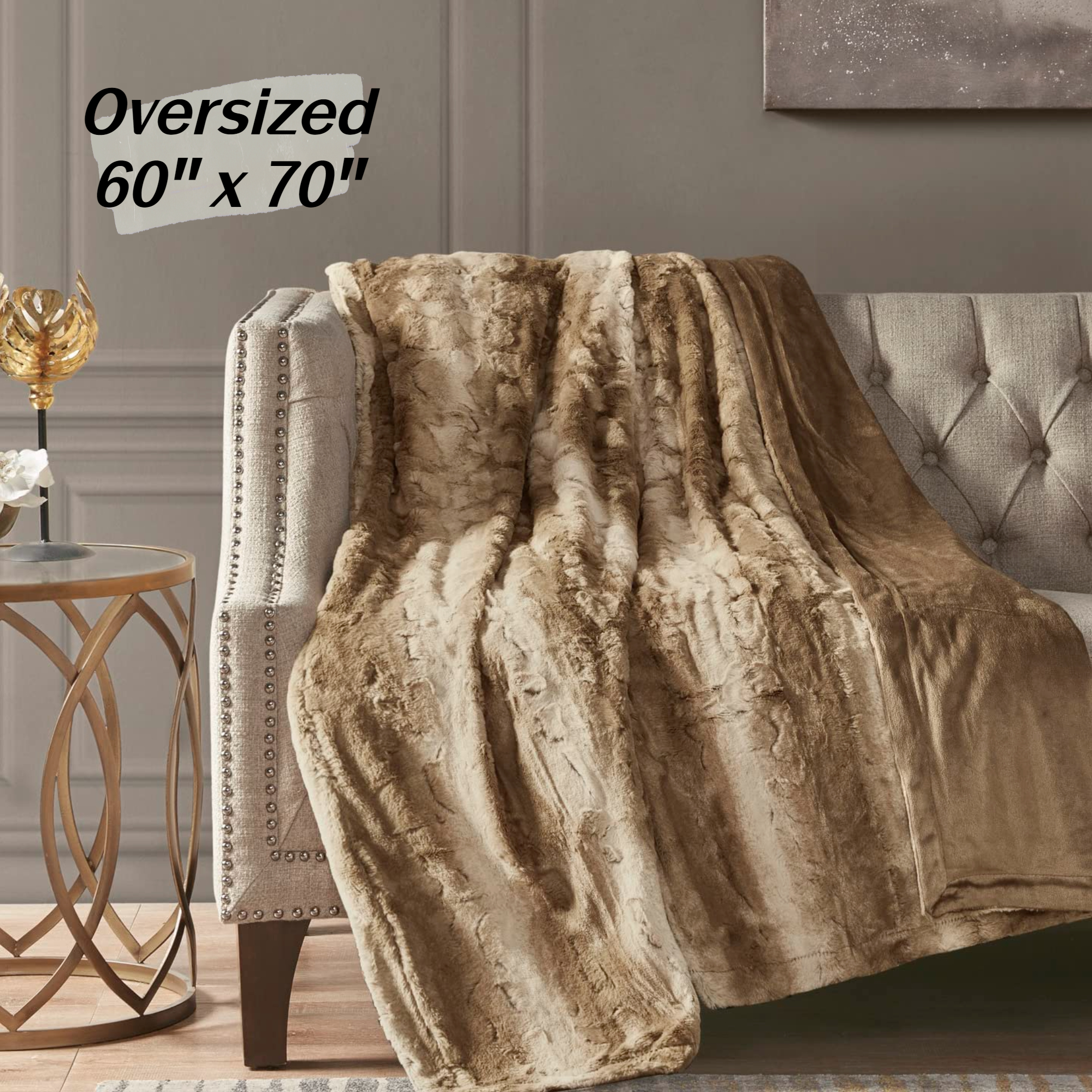 Madison Park Luxury Oversized Faux Fur Throw Soft Plush Luxury Stripes Design 60x70" Blanket, Tan - image 2 of 6