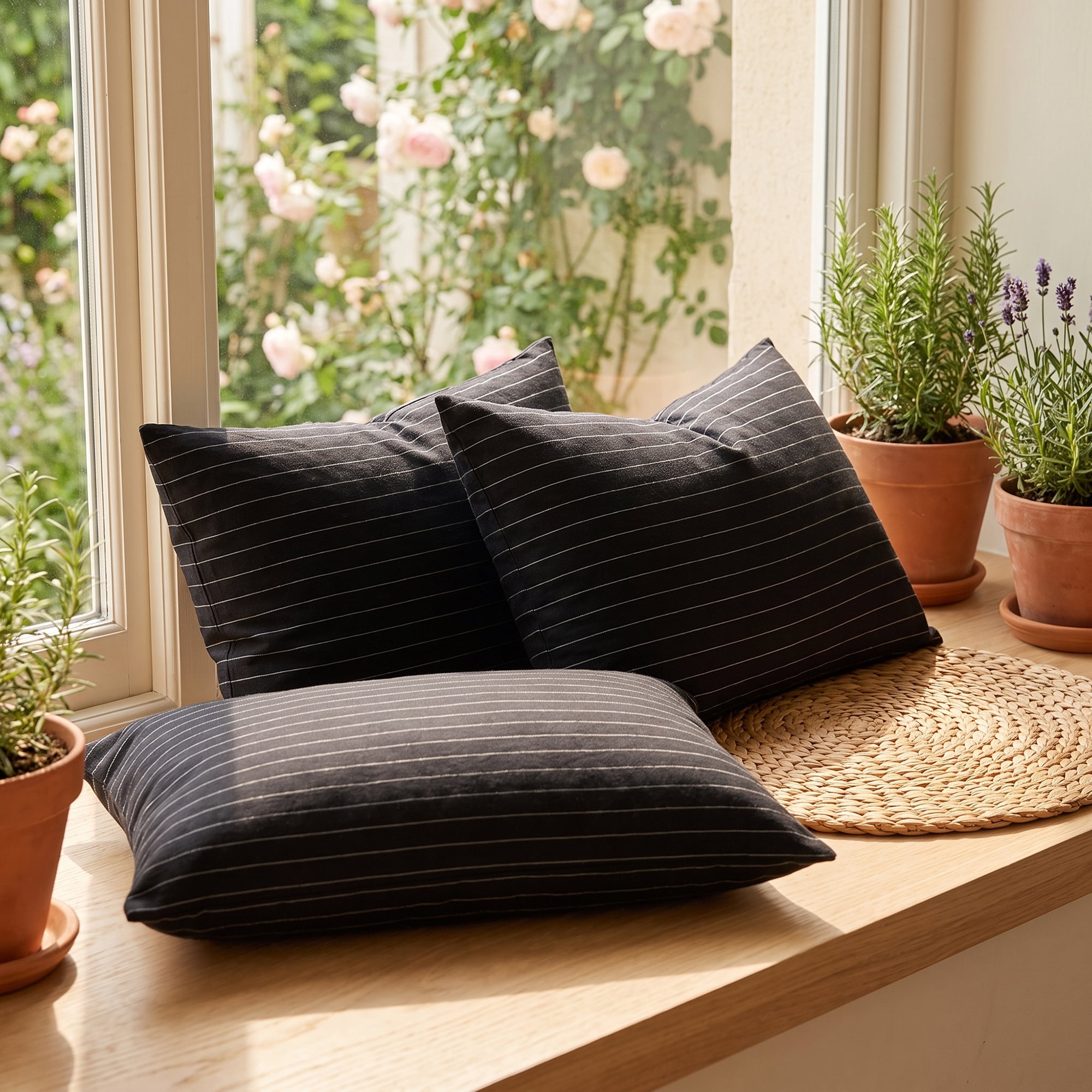 Unique Bargains 2 Pack Fine Stripe Throw Pillow Covers Cotton Blend Cases Black 20"x12"