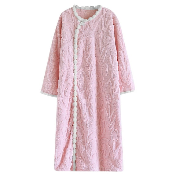 Gpaecead Womens Fall And Winter Nightgown Flannel Round Neck Warm Nightgown L Pink