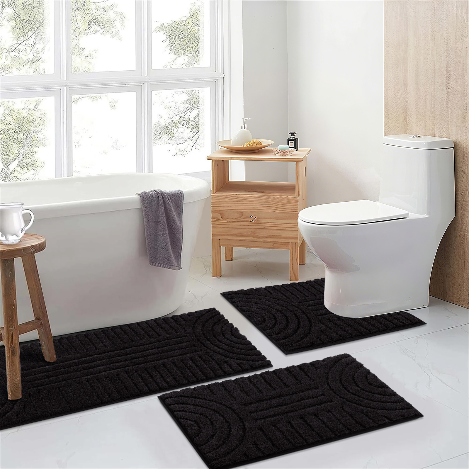 Bathroom Rugs Sets 3 Piece, Soft Absorbent Microfiber Bath Mats and U-Shaped Contour Toilet Rug, Plush Shaggy Bath Mat Set for Bathroom