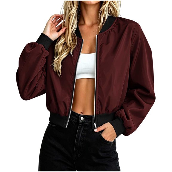 Kilaqueen Women's Cropped Windbreaker Jacket, Water-Resistant Full Zip Long Sleeve Outdoor Coat with Stand Collar for Hiking, Running and Travel
