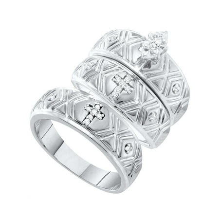 Gold Wedding Band Set - 10k White Gold Marquise Diamond Christian Cross Trio Matching Mens Womens Ring Band Wedding Set .14 Ctw size- 9.5