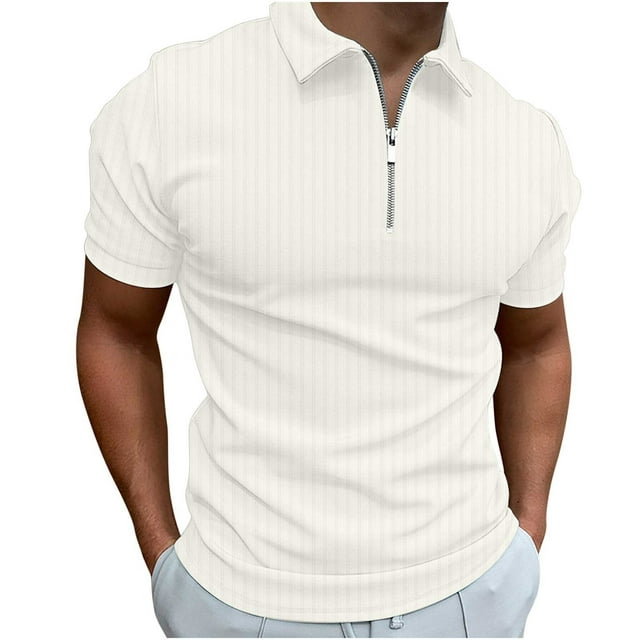 T-Shirts Blancs pour Hommes Hommes Décontracté Uni Col Rabattu Chandail Rayé Haute Élasticité Manches Courtes Blouse Extensible Chemises Non Rentrées, Blanc, TTG