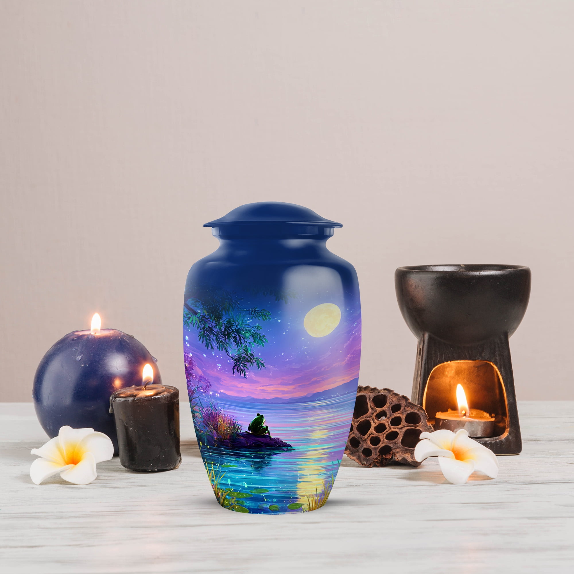 MUKTIVE Frog Cremation Urns for Adult Male, Blue Funeral Urn for Ashes for Women, Moon Burial Urn for Loss of Mom, Large Memorial Urns for Human Ashes, 10 Inch