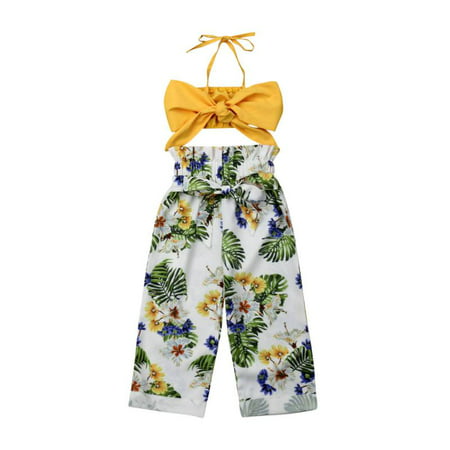 Toddler Baby Girl Halter Bowknot Strap Crop Tops + Banana Leaves Print Pants Outfit Set
