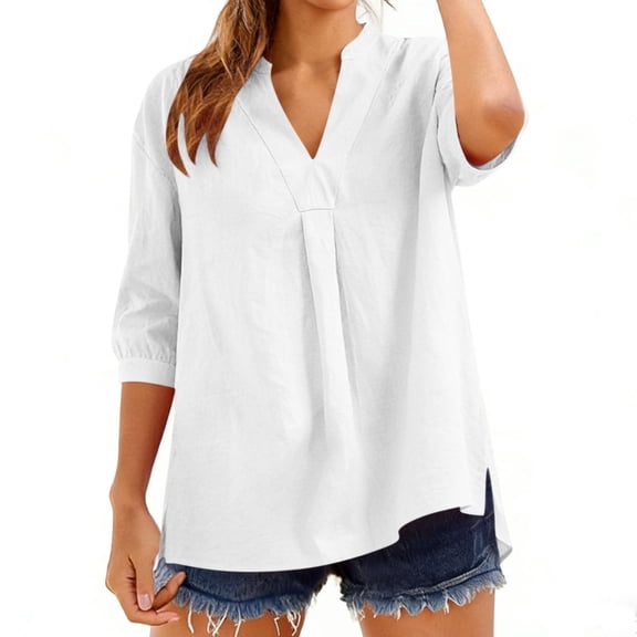 Cotton Linen 3/4 Length Sleeve Tops for Women Casual V Neck Shirts Lightweight Loose Blouses Business Casual Outfits Three Quarter Sleeve Pullover Solid Summer Vocation Clothes White S