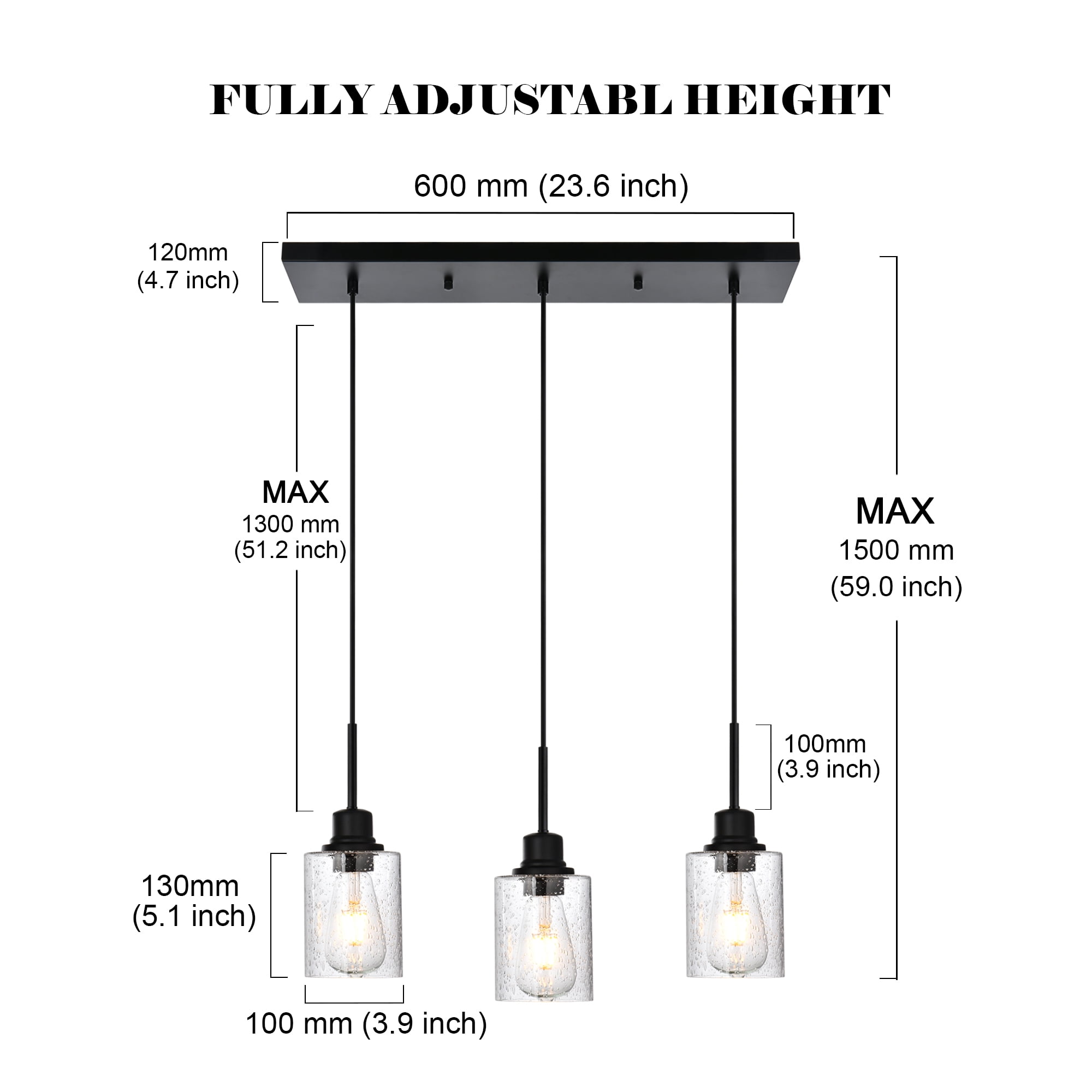 Melucee Farmhouse Dining Room Chandelier 3-Lights Black Kitchen Island Light, Clear Glass Pendant Lighting Fixtures