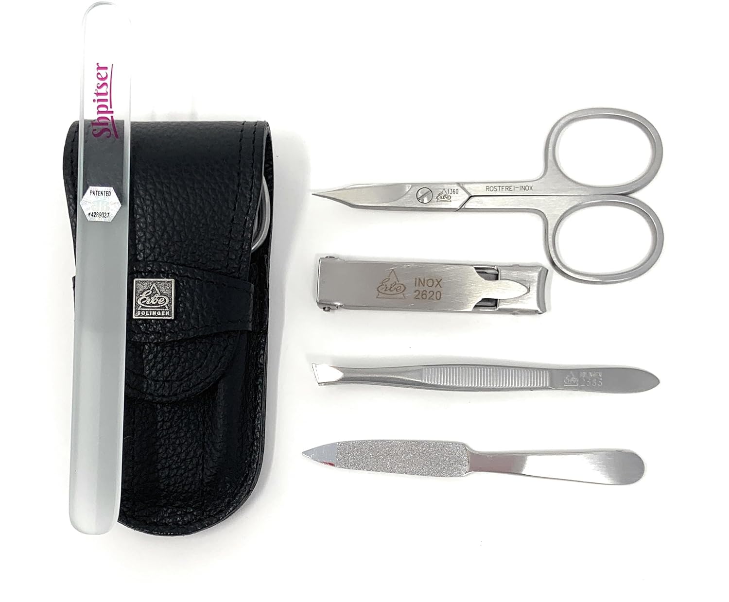 Erbe Solingen 4 pcs Surgical Stainless Steel German Manicure Set Grooming Kit In Luxury Genuine Leather Case Made in Solingen Germany With BONUS: SHPITSER Crystal glass Nail File
