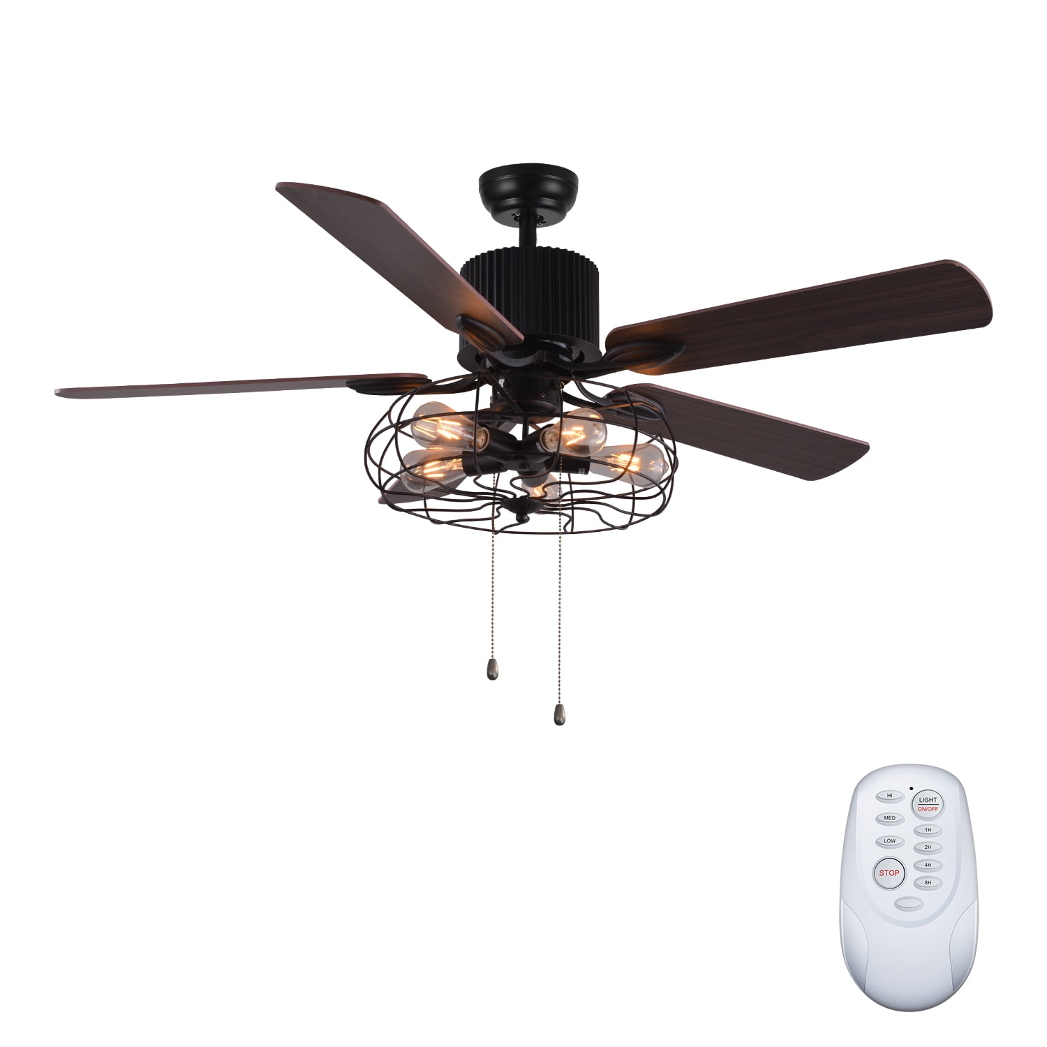 Industrial 52" Mute Ceiling Fans 5-Light E27 Chandelier Remote 3-Speed Fan Lamps