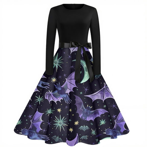 WTOBBY Women's Vintage Halloween Printed Party Gown Dress with Round Neck, Long Sleeves, and Formal Design for Evening Wear and Gothic Parties ,Black L
