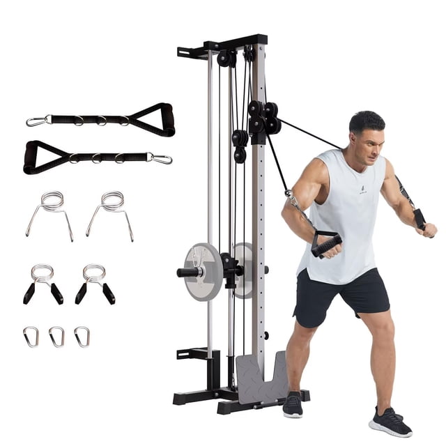 Bingirl Wall-Mounted Cable Machine: 19-Position Dual Pulley System LAT Pulldown & Cable Crossover Machine with Adjustable Footplate - Home Gym Workout Equipment