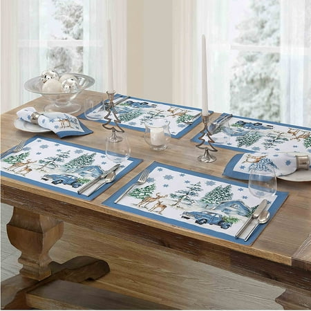 

Newbridge Rustic Cabin and Lodge Evergreen Dreams Fabric Christmas Placemats - Deer Cabin and Farm Truck Winter Holiday Easy Care Stain Resistant Placemats Set of 4 Border Placemats