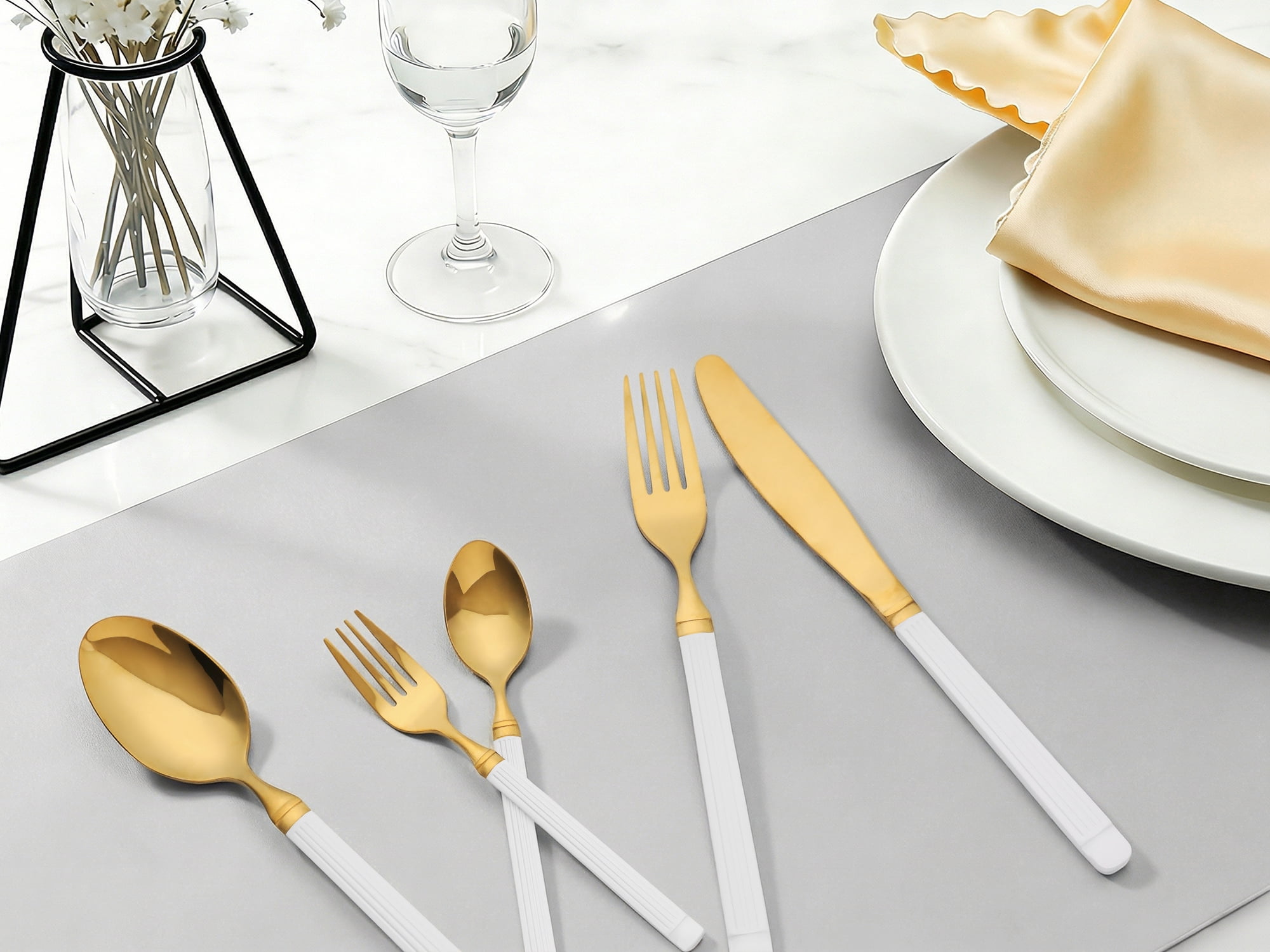 Unique Bargains Classic Mirror Polished Stainless Steel Flatware Set White Gold 30pcs
