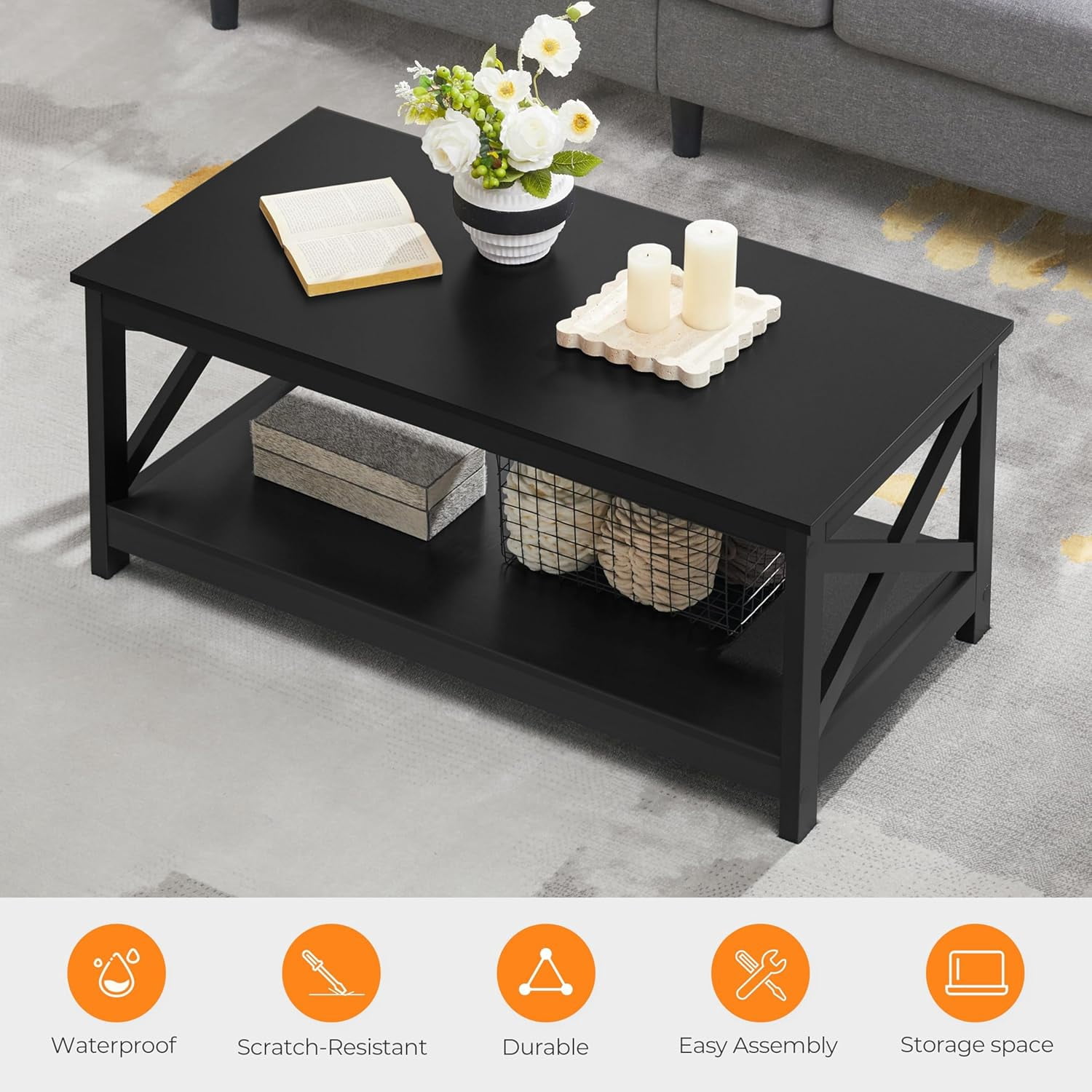 Wood 2-Tier Black Coffee Table with Storage Shelf for Living Room, X Design Accent Cocktail Table, Easy Assembly Home Furniture, 39.5 x 20 x 18 Inches