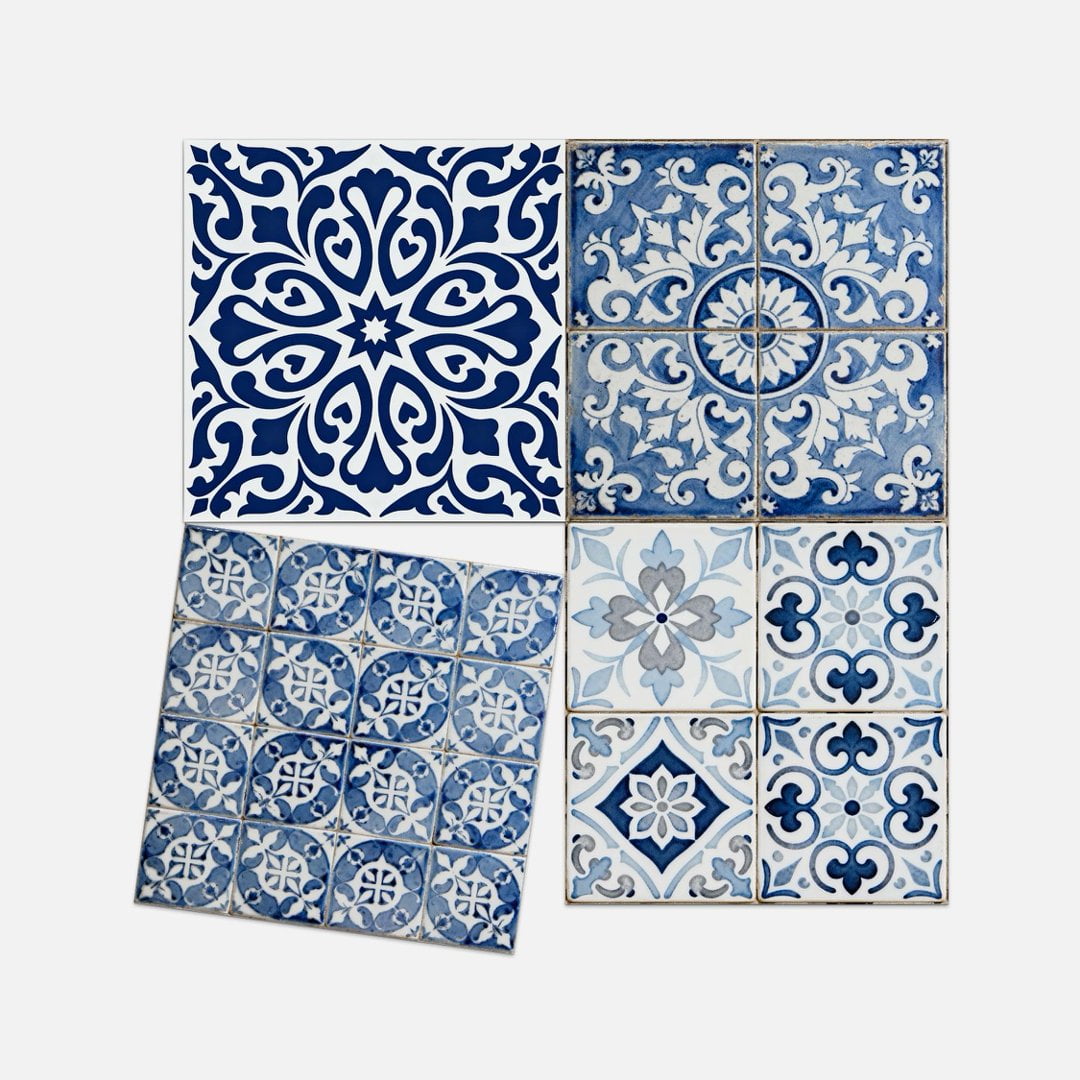 24Piece Self Adhesive Tile Sticker Peel and Stick Backsplash 7.87" x 7.87" DIY Decor Blue Gray Flowers Wall Stickers Waterproof Vinyl Decals