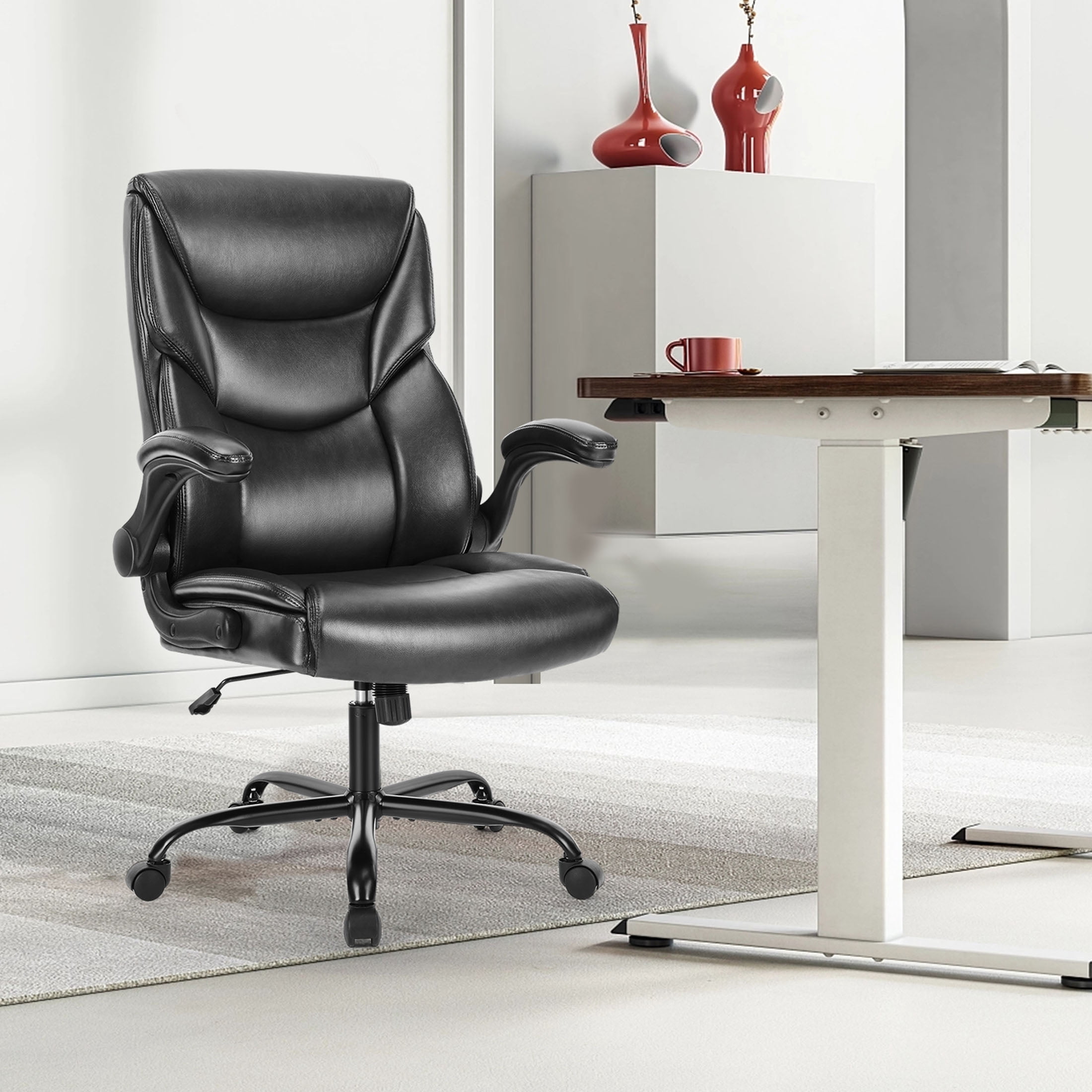 JOINSUN Home Office Chair, High Back Ergonomic Chair for Office with PU Leather, Adjustable Armrests and Wheels, Black
