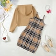 thumbnail image 3 of Kucnuzki 13 Years Big Girl Outfits 14 Years Big Girl Dress Sets Sleeveless Off the Shoulder Dress Plaid Slim Dress + Long Sleeve Hoodie Brown, 3 of 8