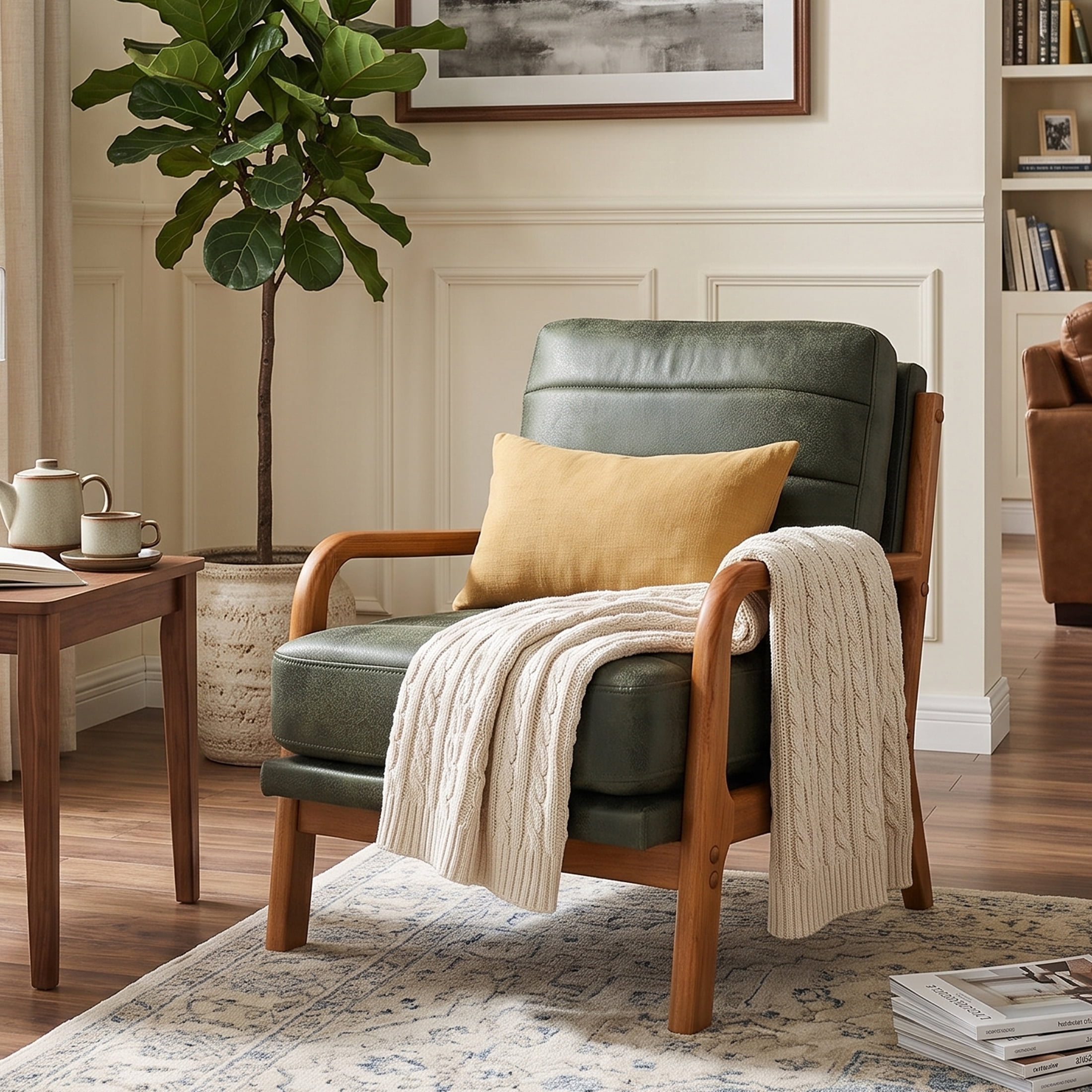 Homy Casa Mid-Century Accent Chair, Upholstered Reading Chair with Wood Frame, Olive Green